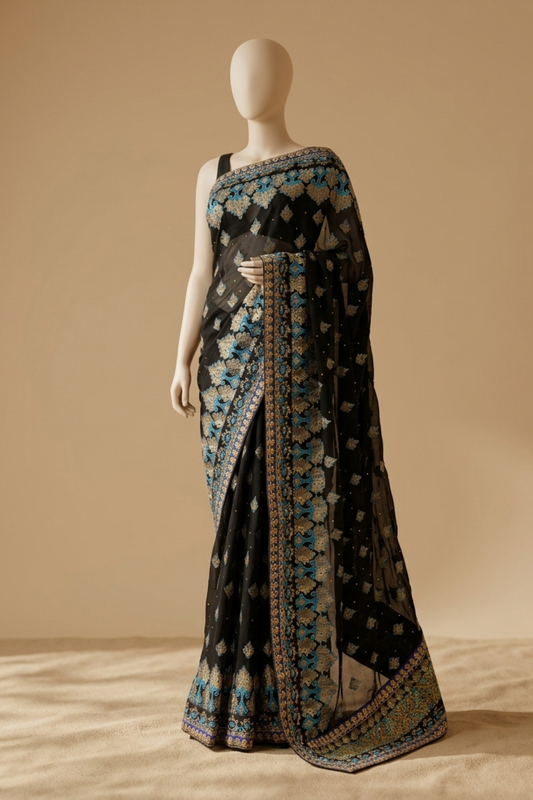 Black Chiffon Embroidered Saree With Unstitched Blouse