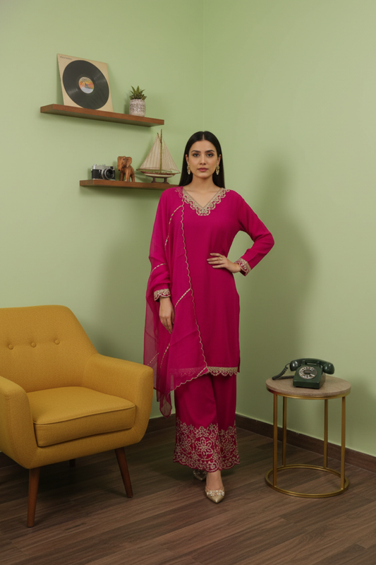 Rani Dola Readymade Sharara Set With Organza Dupatta