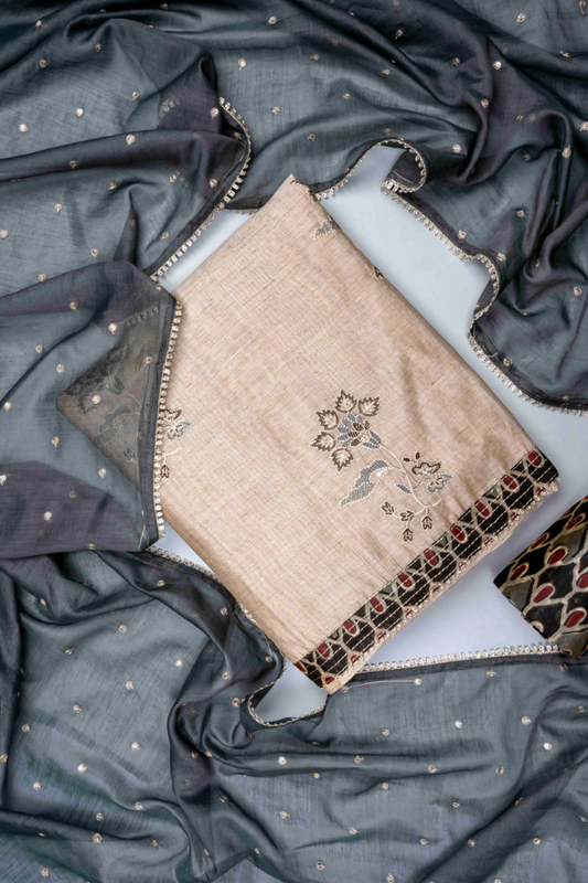 Tussar Grey Cotton Unstitched Salwar Suit With Cotton Dupatta
