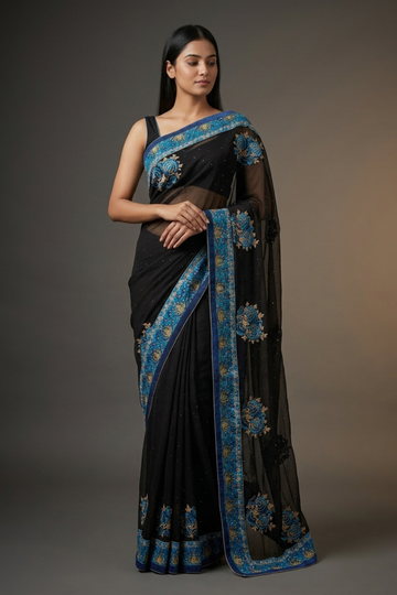 Black Chiffon Embroidered Saree With Unstitched Blouse