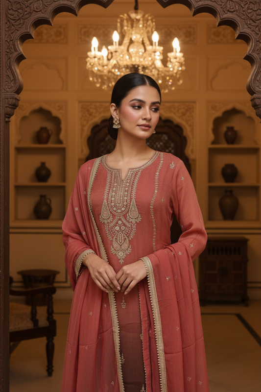 Dark Gajari Shimmer Readymade Suit & Palazzo Pant With Shimmer Dupatta