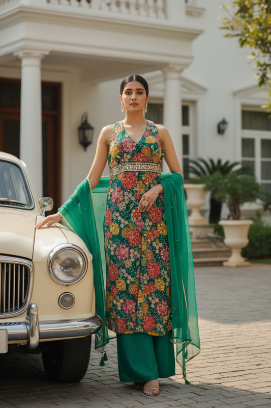 Emrl Green Chinon Readymade Suit & Palazzo Pants With Net Dupatta