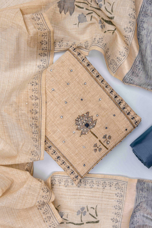 Tussar Grey Cotton Unstitched Salwar Suit With Cotton Dupatta