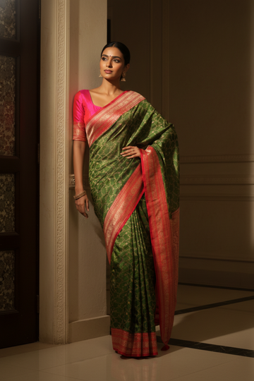 Celebrate Tradition In Mehndi Banarasi Silk Saree With Unstitched Blouse