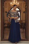 Navy Blue Georgette Readymade Short Top Sharara Set With Shrug