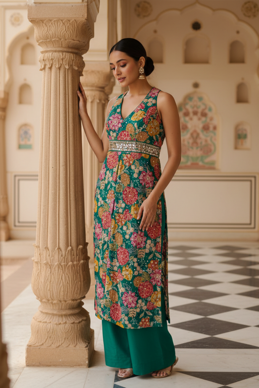 Emrl Green Chinon Readymade Suit & Palazzo Pants With Net Dupatta