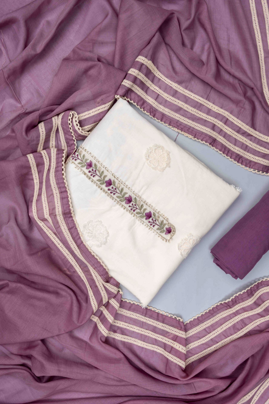 Off White Mauve Cotton Unstitched Salwar Suit With Cotton Dupatta