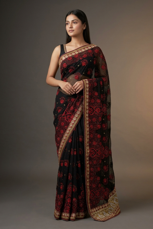 Black Chiffon Embroidered Saree With Unstitched Blouse