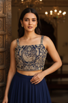 Navy Blue Georgette Readymade Short Top Sharara Set With Shrug