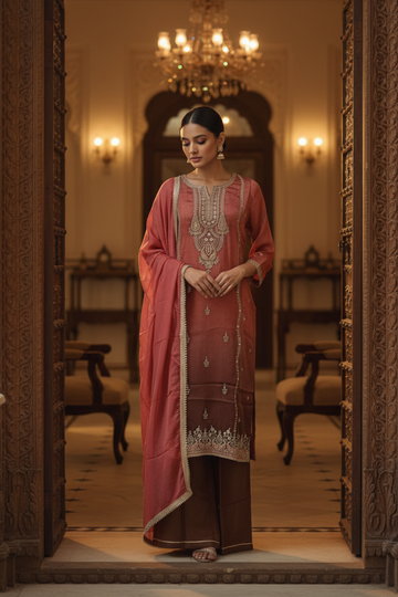 Dark Gajari Shimmer Readymade Suit & Palazzo Pant With Shimmer Dupatta