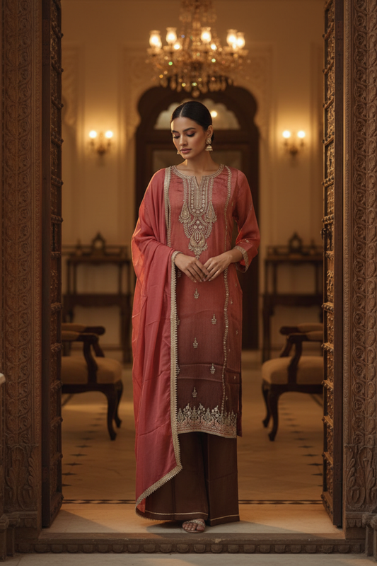 Dark Gajari Shimmer Readymade Suit & Palazzo Pant With Shimmer Dupatta