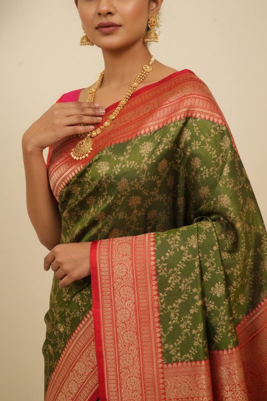 Celebrate Tradition In Mehndi Banarasi Silk Saree With Unstitched Blouse