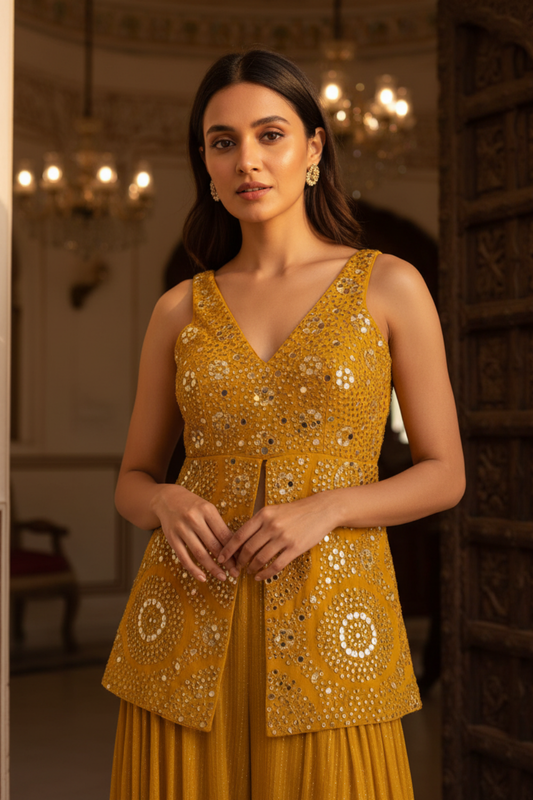 Mustard Georgette Readymade Sharara Set With Georgette Dupatta