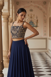 Navy Blue Georgette Readymade Short Top Sharara Set With Shrug
