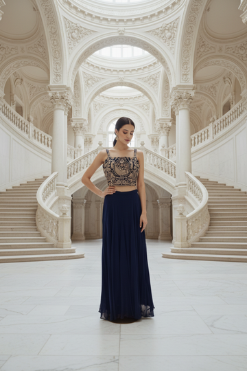 Navy Blue Georgette Readymade Short Top Sharara Set With Shrug