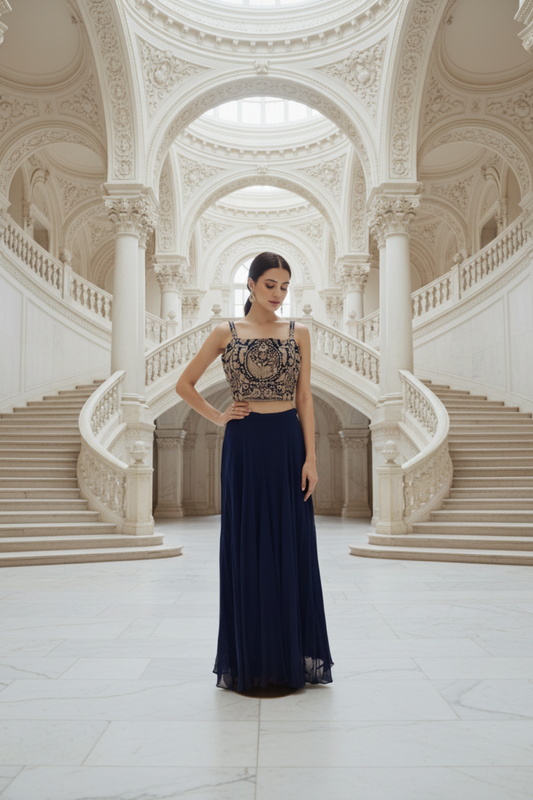 Navy Blue Georgette Readymade Short Top Sharara Set With Shrug