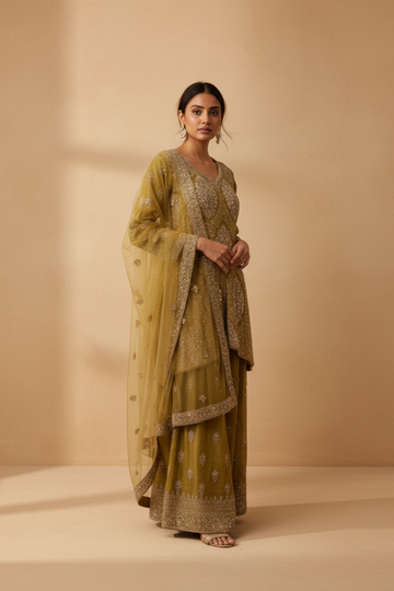 Pista Georgette Readymade Sharara Set With Net Dupatta