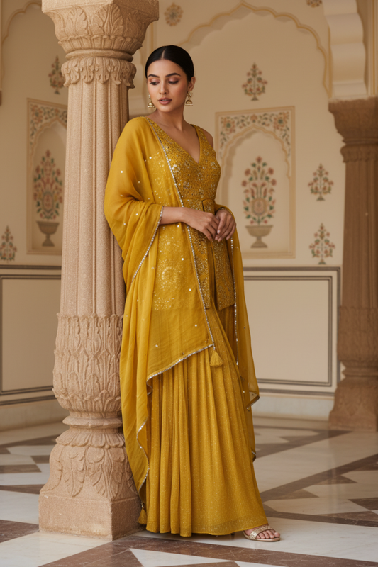 Mustard Georgette Readymade Sharara Set With Georgette Dupatta
