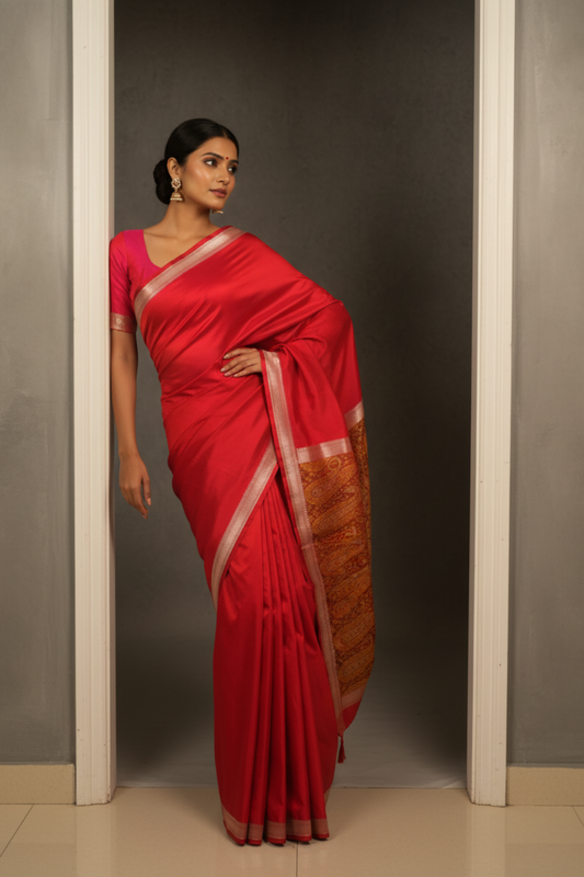 Grace Redefined Red Banarasi Silk Saree With Unstitched Blouse