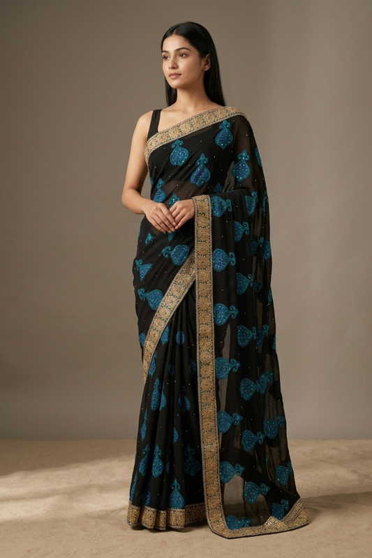 Black Georgette Embroidered Saree With Unstitched Blouse