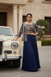 Navy Blue Georgette Readymade Short Top Sharara Set With Shrug