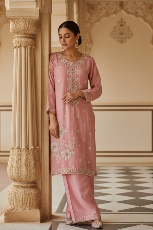 Gajari Shimmer Readymade Suit & Palazzo Pant With Chinon Dupatta