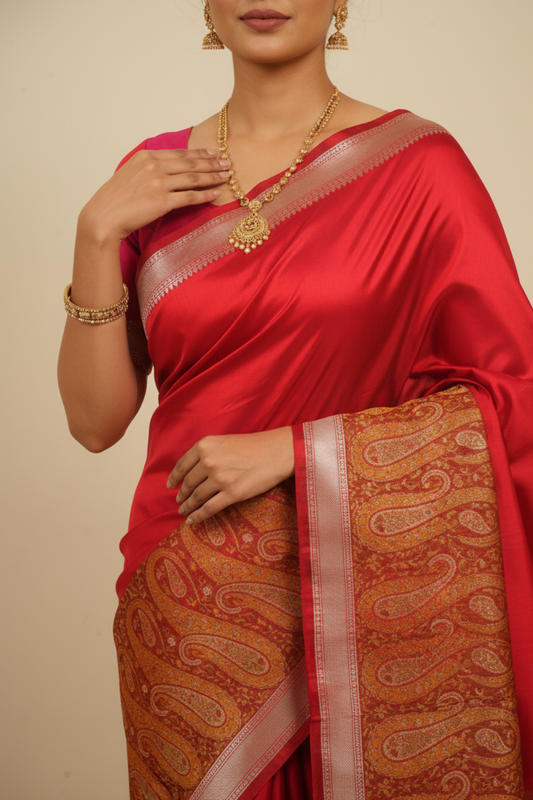 Grace Redefined Red Banarasi Silk Saree With Unstitched Blouse