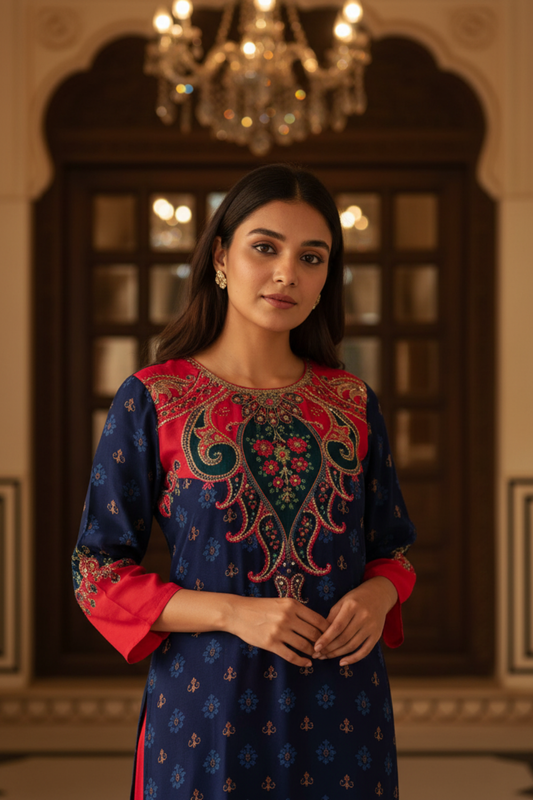 Navy Blue Crepe Readymade Suit & Palazzo Pants With Chinon Dupatta