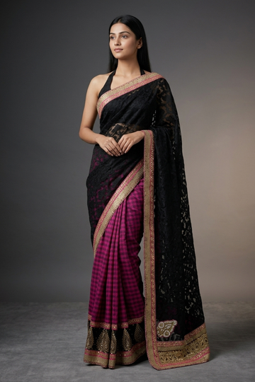 Black Magenta Kota Tussar Embroidered Saree With Unstitched Blouse