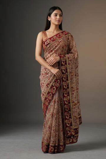Tussar Net Embroidered Saree With Unstitched Blouse