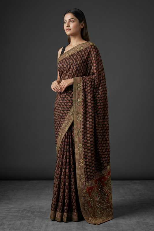 Black Maroon Crepe Embroidered Saree With Unstitched Blouse