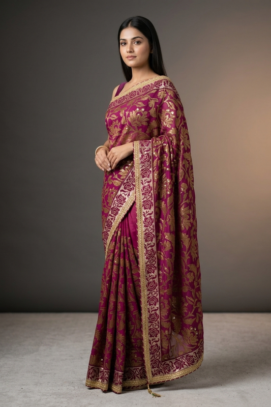 Garnet Georgette Embroidered Saree With Unstitched Blouse