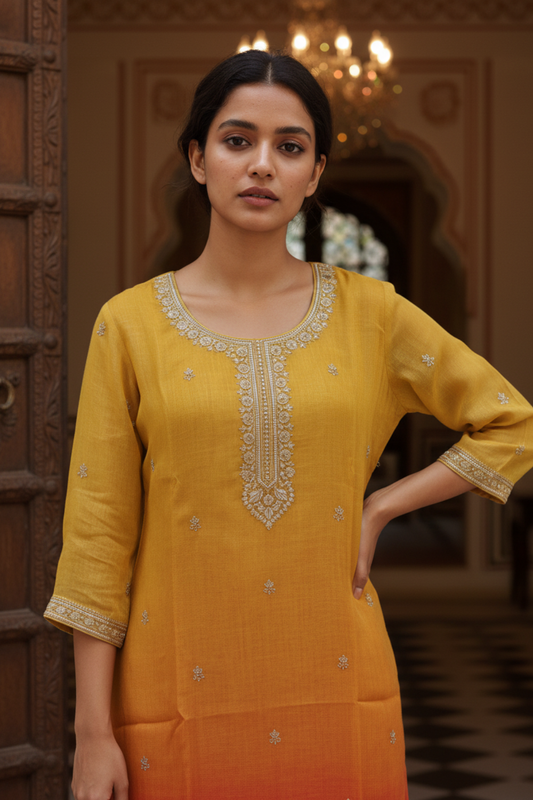 Mustard Shimmer Readymade Suit & Palazzo Pant With Shimmer Dupatta