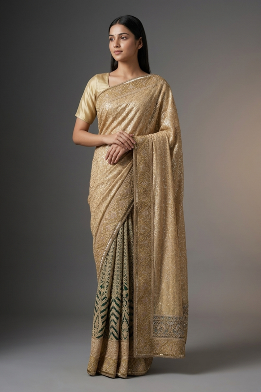Tussar Georgette Embroidered Saree With Unstitched Blouse