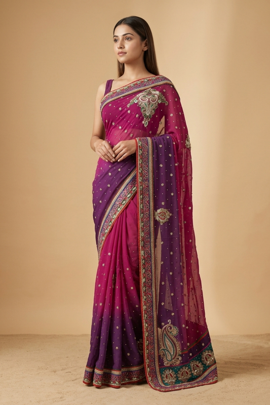 Pink Purple Georgette Embroidered Saree With Unstitched Blouse