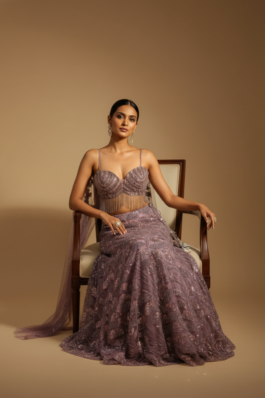Mauve Net Lehenga Set And Net Dupatta With Readymade Blouse