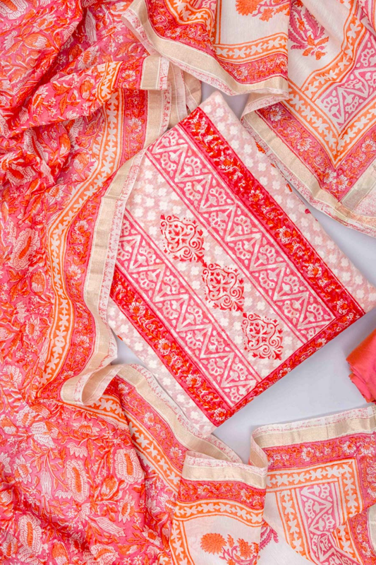 White Coral Cotton Unstitched Salwar Suit With Cotton Dupatta