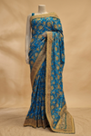 Dark Firozi Crepe Embroidered Saree With Unstitched Blouse
