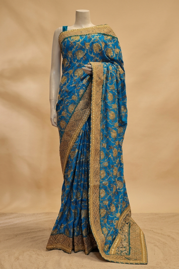 Dark Firozi Crepe Embroidered Saree With Unstitched Blouse