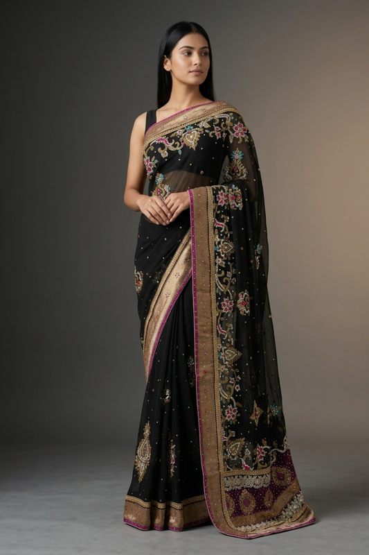Black Chiffon Embroidered Saree With Unstitched Blouse