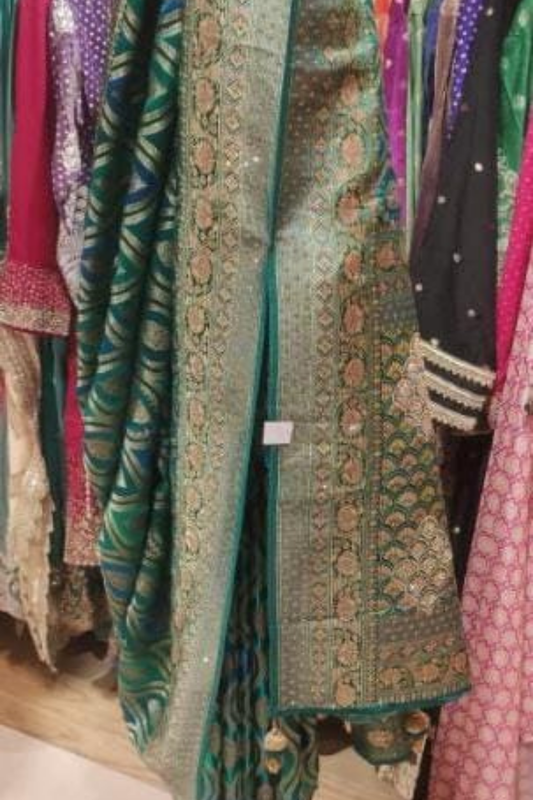 Soft Hues Rama Banarasi Silk Saree With Unstitched Blouse