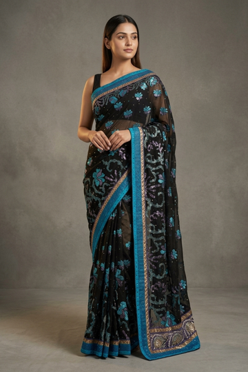 Black Georgette Embroidered Saree With Unstitched Blouse