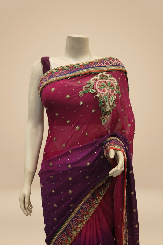 Pink Purple Georgette Embroidered Saree With Unstitched Blouse