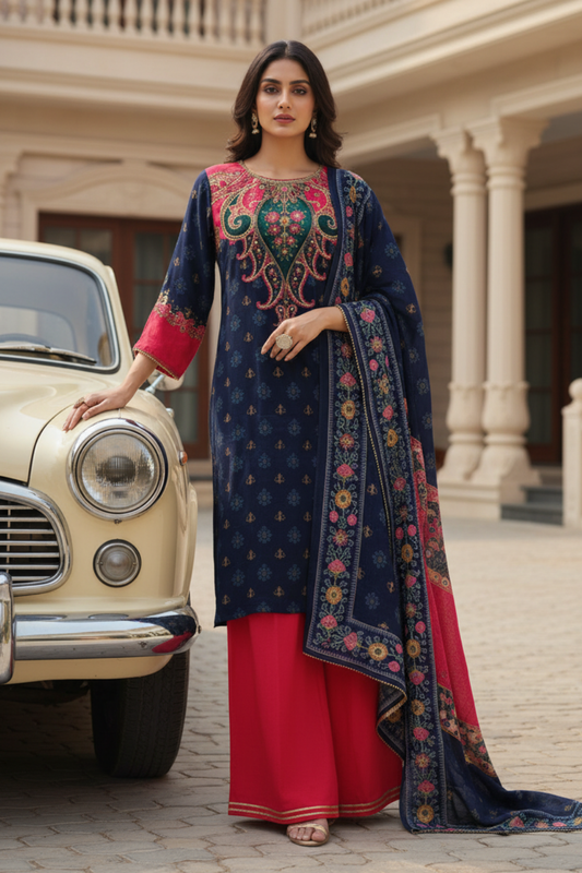 Navy Blue Crepe Readymade Suit & Palazzo Pants With Chinon Dupatta