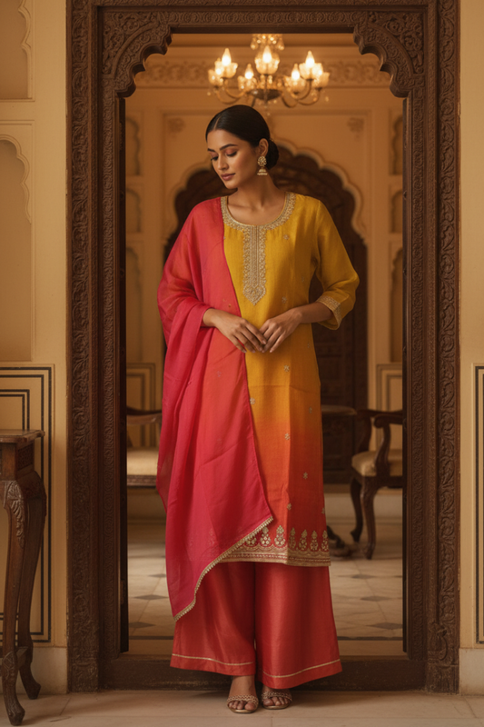 Mustard Shimmer Readymade Suit & Palazzo Pant With Shimmer Dupatta