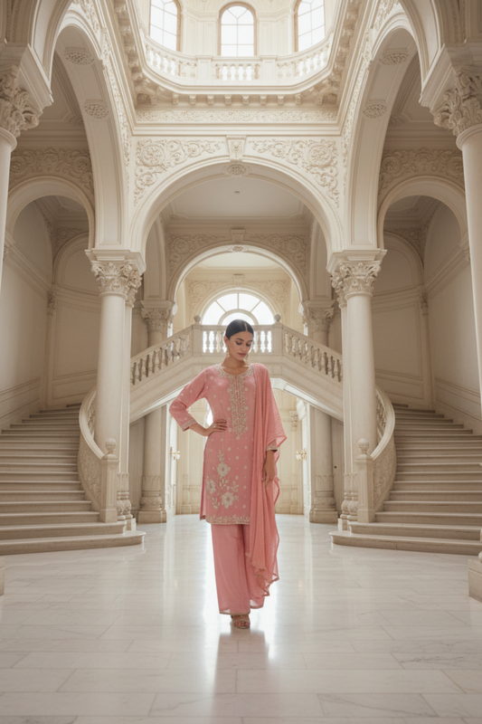 Gajari Shimmer Readymade Suit & Palazzo Pant With Chinon Dupatta