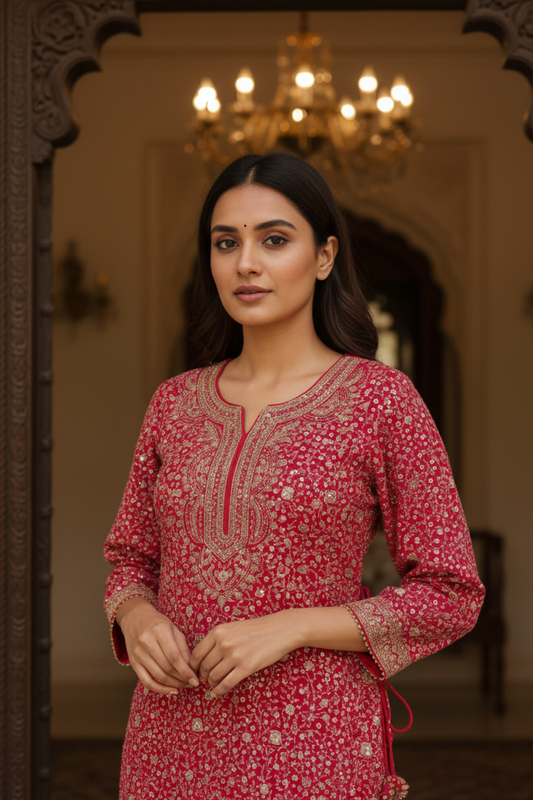 Rani Georgette Readymade Suit & Palazzo Pants With Georgette Dupatta