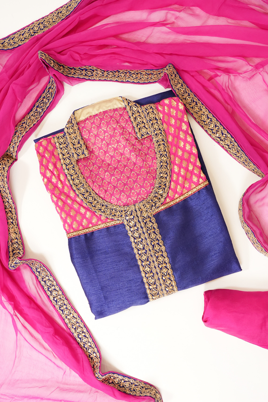 Navy Tussar Semi Stitched Salwar Suit With Dupatta