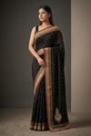 Black Crepe Embroidered Saree With Unstitched Blouse