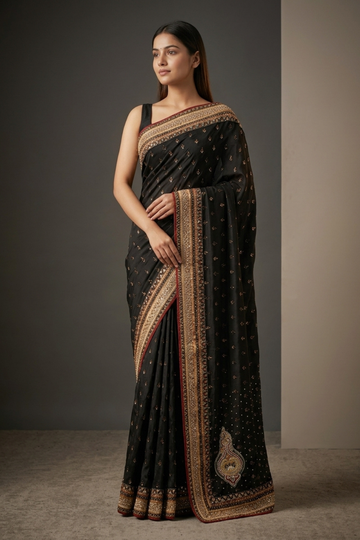 Black Crepe Embroidered Saree With Unstitched Blouse